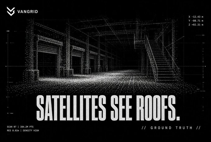 A black and white point-cloud visualization of an empty interior space with stairs, featuring the text 'VANGRID', 'SATELLITES SEE ROOFS.', '// GROUND TRUTH //', and various coordinate measurements.