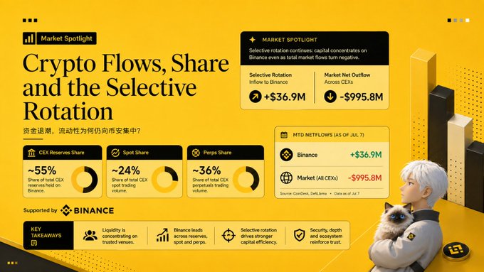 A Binance 'Market Spotlight' infographic titled 'Crypto Flows, Share and the Selective Rotation,' showing CEX Reserves at ~55%, Spot Share at ~24%, Perp Share at ~36%, with selective rotation net inflows to Binance (+$36.9M) and net outflows from market (-$995.8M).