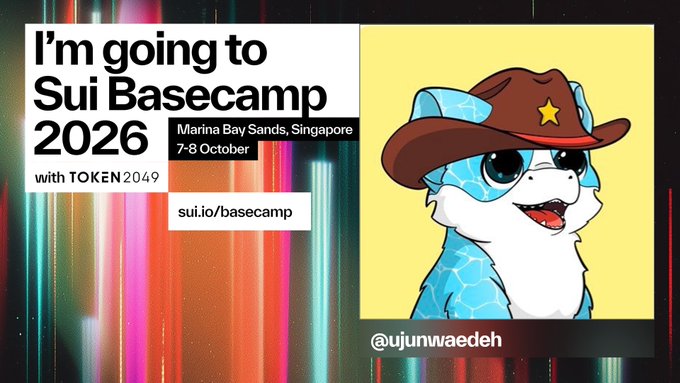 A promotional image announcing 'I'm going to Sui Basecamp 2026' at Marina Bay Sands, Singapore on 7-8 October with TOKEN2049, featuring a cartoon blue otter in a cowboy hat by @ujunwaedeh.
