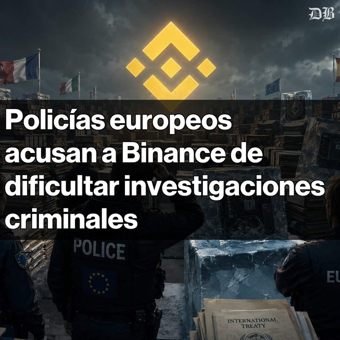 A news graphic with the Binance logo and Spanish headline 'Policías europeos acusan a Binance de dificultar investigaciones criminales' showing police officers amid international documents.