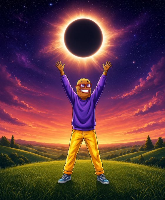 A digital illustration depicts a person in a purple hoodie and yellow pants joyfully reaching toward a solar eclipse against a vibrant purple and orange sunset sky.