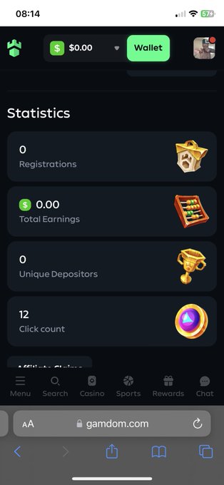 A screenshot of the gamdom.com statistics page for user "Codyriggs1" (ID: 48188247) showing zero registrations, $0.00 total earnings, zero unique depositors, and only 12 clicks—supporting the claim that they have not yet received any tips or referrals. The displayed referral link gamdom.com/r/codyriggs matches the one shared in the post.