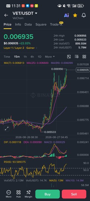 Trading app screenshot showing VET/USDT (VeChain) price chart at 0.006935 USDT, down 22.03%, with technical indicators including MA, MACD, and RSI displayed on a mobile interface.