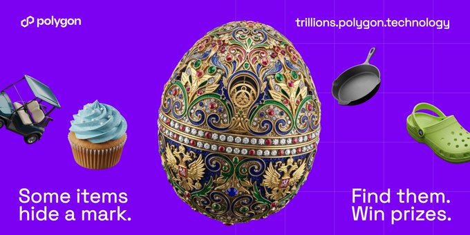 The image features a large, ornate egg with gold and blue colors, surrounded by various objects such as a cupcake, a frying pan, a green crockpot, and a pair of shoes. The text "trillions.polygon.technology" is present in the image, which suggests that there might be a connection between these items or an event related to stablecoin technology.