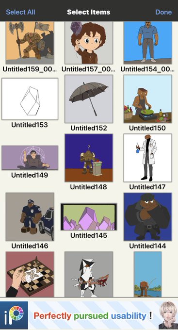An iOS image picker interface displaying a grid of various pixel-art illustrations with default 'Untitled' filenames, with an 'i8 Perfectly pursued usability!' ad banner at the bottom.