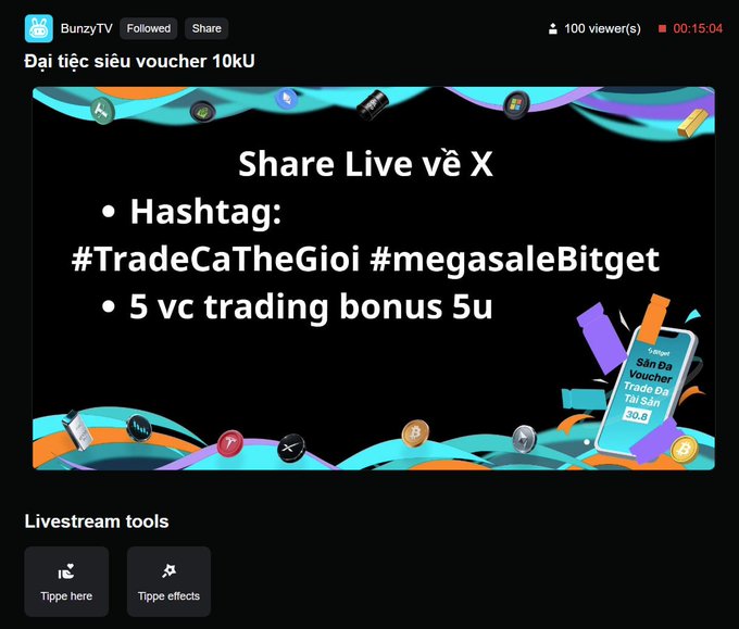 A Bitget livestream by BunzyTV promotes a giveaway of $10 vouchers, instructing viewers to share on X with hashtags #TradeCaTheGioi and #megasaleBitget to claim a $5 trading bonus, matching the post's call-to-action to quote and like with those same hashtags for a limited 100-spot reward.
