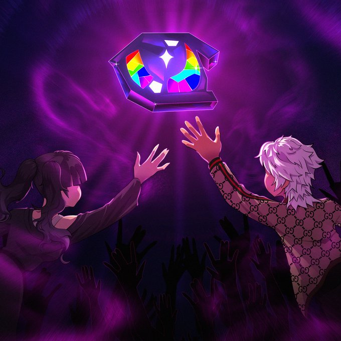 Two anime-style characters reach upward toward a glowing purple gemstone marked with the number "777," capturing the excitement of chasing a rare free mint giveaway.