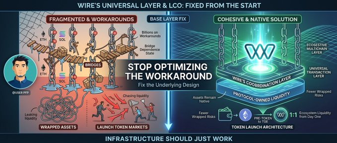 An infographic comparing a 'Fragmented & Workarounds' crypto infrastructure model with 'WIRE's Universal Layer & LCO' solution, illustrating problems like 'Bridges' and 'Leaking liquidity' versus a 'Cohesive & Native Solution.'