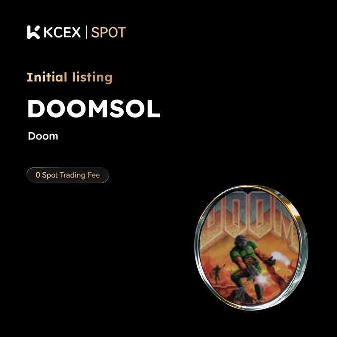 A black promotional graphic for KCEX announcing the 'Initial listing' of 'DOOMSOL' (Doom) with '0 Spot Trading Fee', featuring the classic Doom game character.