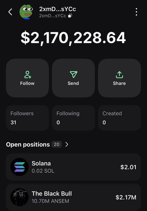A screenshot shows a crypto portfolio displaying a balance of **$2,170,228.64** under the username "2xmD...sYCc," with 31 followers and 20 open positions including **10.70M $ANSEM** tokens ("The Black Bull") valued at **$2.17M** and **0.02 SOL** worth $2.01, visually backing the post's claim of turning $2 into over $2M by calling $ANSEM early.