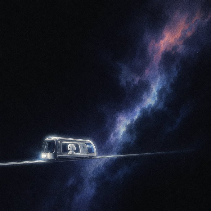 A sci-fi illustration shows a sleek train traveling along a track through space, with a passenger visible through the window and a vibrant nebula in the dark sky above.