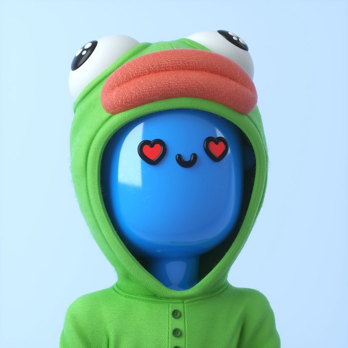 A 3D-rendered character with a glossy blue face and heart-shaped eyes wears a green frog hoodie, with a soft pastel blue background emphasizing its whimsical, lovable design. The cute, expressive figure visually represents the "NFTs are inevitable" message, with its charm and marketability embodying the viral, collectible appeal of digital art.