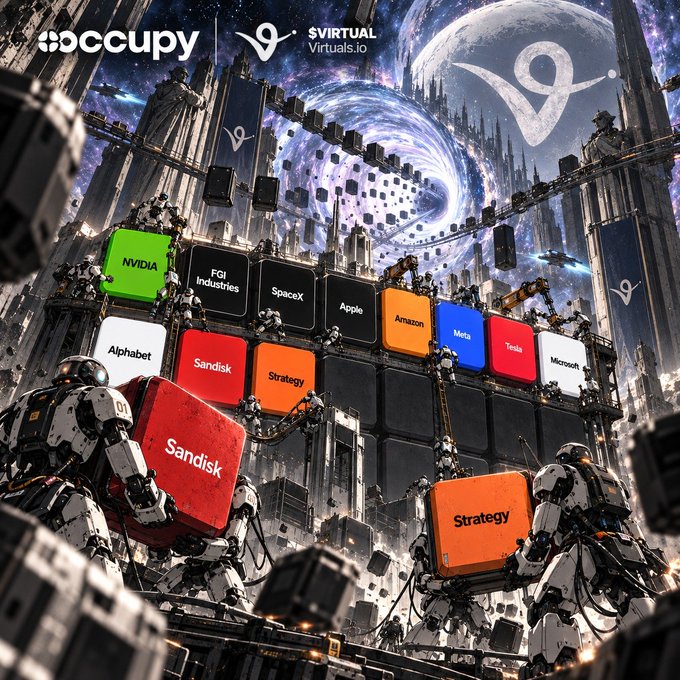 A sci-fi digital artwork featuring robots assembling corporate logos including NVIDIA, FGI Industries, SpaceX, Apple, Amazon, Meta, Tesla, Microsoft, Alphabet, Sandisk, and Strategy, branded with 'Occupy' and 'SVIRTUAL Virtuals.io'.