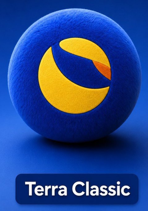 The image shows a blue fuzzy sphere displaying the yellow and orange Terra logo, with the text "Terra Classic" in white below it. It directly represents $LUNC (Terra Classic), the rebranded version of the collapsed Terra blockchain referenced in the post's warning about its high-risk nature.