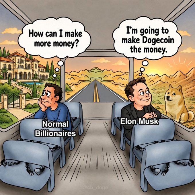 A cartoon comparing 'Normal Billionaires' thinking 'How can I make more money?' with 'Elon Musk' thinking 'I'm going to make Dogecoin the money' while sitting on a bus with a Shiba Inu dog, credited to @cb_doge.