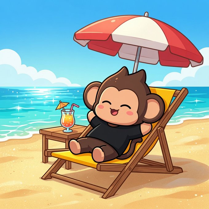 A cute cartoon illustration of a smiling monkey character relaxing on a yellow beach chair under a red and white umbrella, with a tropical cocktail on a side table, set against a sunny beach and ocean background.