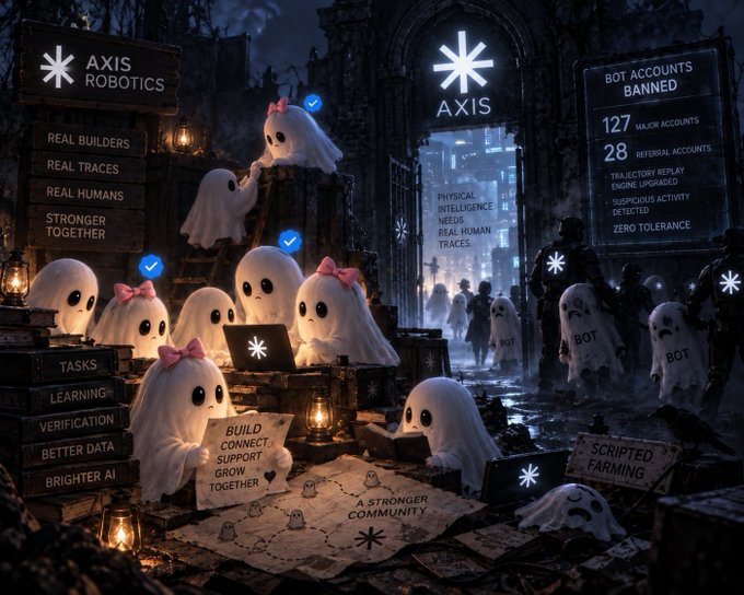 A dark, gothic-style illustration depicting cute ghost characters working on laptops amid ruins, with 'AXIS ROBOTICS' branding, banners reading 'REAL BUILDERS, REAL TRACES, REAL HUMANS' and 'BOT ACCOUNTS BANNED' showing statistics like '127 MAJOR ACCOUNTS' and '28 REFERRAL ACCOUNTS'.