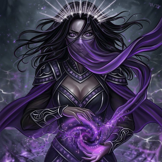 Digital artwork of a dark-haired woman with purple eyes wearing a face veil and ornate dark armor, conjuring a glowing purple galaxy in her hands.