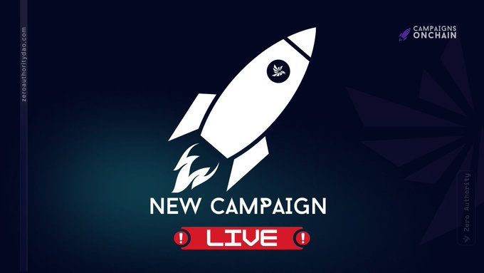 A promotional graphic features a white rocket ship on a dark blue background with the text 'NEW CAMPAIGN LIVE' and 'CAMPAIGNS ONCHAIN' in the corner.