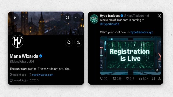 Two side-by-side social media posts: on the left, the verified Twitter account "Mana Wizards" (@ManaWizardsRH) with the tagline "The runes are awake. The wizards are not. Yet."; on the right, a tweet from "Hype Tradoors" (@Hypetradoors) reading "A new era of Tradoors is coming to @HypertliquidX" with a "Registration is Live" graphic.