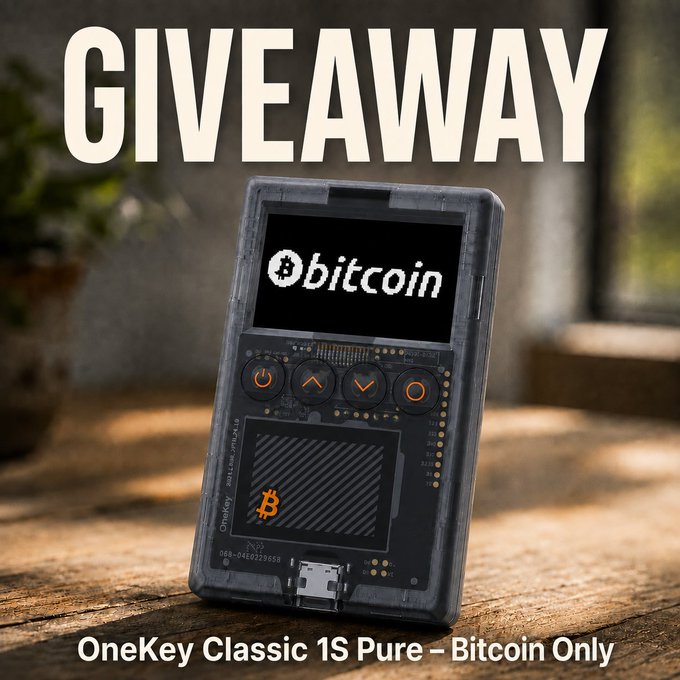 A promotional giveaway image for the 'OneKey Classic 1S Pure – Bitcoin Only' hardware wallet, displaying a transparent device showing the Bitcoin logo and 'bitcoin' on its screen.