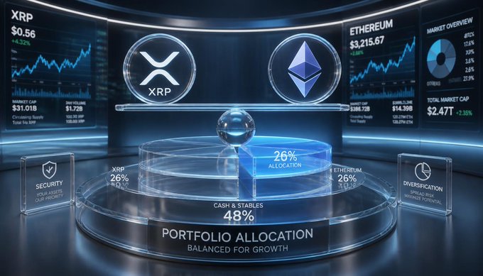 A financial dashboard displays a 'Portfolio Allocation' graphic showing a balanced split of 26% XRP, 26% Ethereum, and 48% Cash & Stables, with current market prices and charts for each cryptocurrency.
