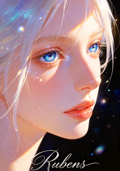 A digital illustration shows a close-up of a girl with sparkling blue eyes, white hair, and the name 'Rubens' written in cursive script at the bottom.