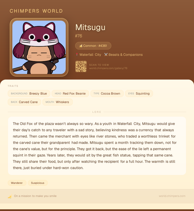 A 'Chimpers World' NFT profile card for character #76 named 'Mitsugu' (Common #4361), featuring a fox-like creature with a red beanie, traits including 'Breezy Blue' background and 'Carved Cane', with descriptive lore text.