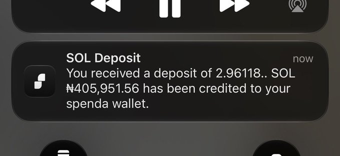 A mobile notification shows a SOL Deposit of 2.96118 SOL, with ₦405,951.56 credited to a Spenda wallet. The image aligns with the post's reference to Spenda, illustrating a morning crypto-to-cash transaction.