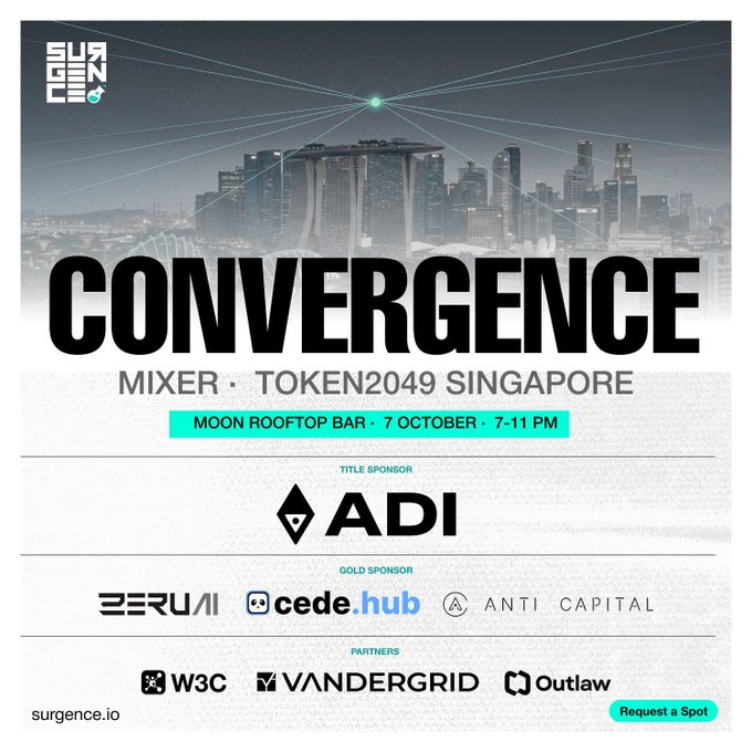 A promotional graphic for 'CONVERGENCE' mixer at Token2049 Singapore, taking place at Moon Rooftop Bar on 7 October, 7-11 PM, with sponsors including ADI, Zeru, cede.hub, and Anti Capital.