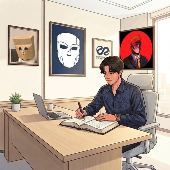 An illustrated scene shows a man writing in a notebook at a wooden desk with a laptop, in front of framed artwork including a 'SINJRO' logo and a stylized face.