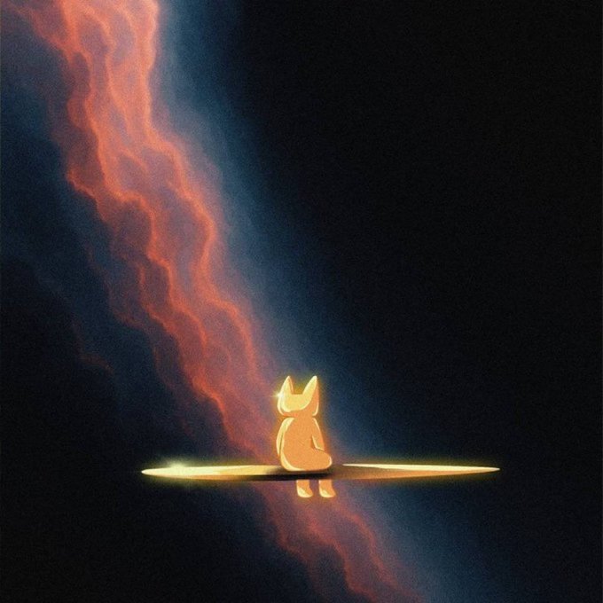 A digital illustration of a small, glowing, cat-like figure standing on a golden disc, illuminated by a beam of light against a dark background with red wavy clouds.