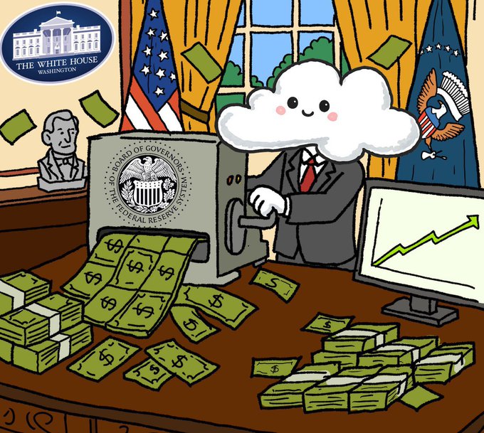 The image features a cartoon depiction of a man dressed as a businessman, wearing a suit and holding a money-making machine that generates money out of thin air. The scene takes place in an office setting with a desk filled with stacks of money, including US dollars and other currency denominations. The post about the FIRST currency is related to this image because it highlights the concept of a money-making machine or cryptocurrency that operates on fiat currency, such as the US dollar. This type of currency has no inherent value but can be created by governments or central banks, which then use these newly minted coins and bills for various purposes, including payment transactions in exchange for goods and services.