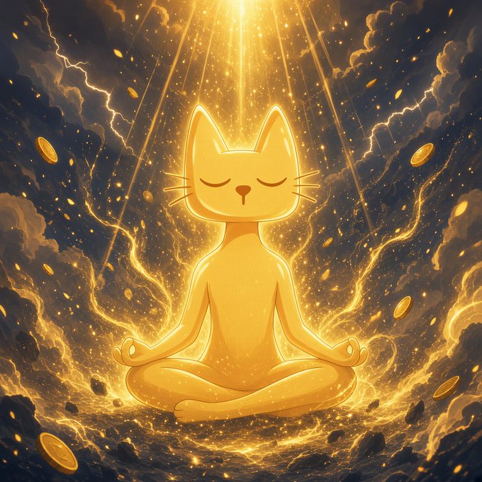 A golden, glowing cat meditates in a lotus position, surrounded by floating coins and divine light beams against a swirling cloud background.