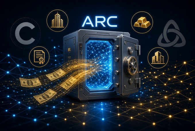 A glowing digital vault labeled "ARC" surrounded by icons for cryptocurrency, certificates, and buildings, with golden dollar bills flowing out of it against a network-patterned background.