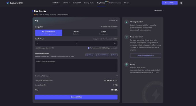 The image shows a "Buy Energy" interface from JustLend DAO, displaying options to purchase energy for USDT transfers on the TRON network with a balance of 45,000 (max 5,000,000), a cost of 0 TRX per energy unit, and a 1% usage duration after purchase, with a 36-hour "Live Use Price" notice and a "Connect Wallet" button at the bottom.
