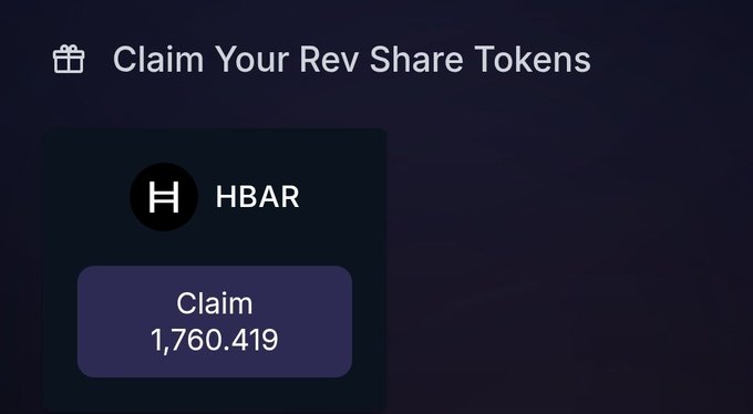 A 'Claim Your Rev Share Tokens' interface showing a HBAR token claim button with a balance of 1,760.419.