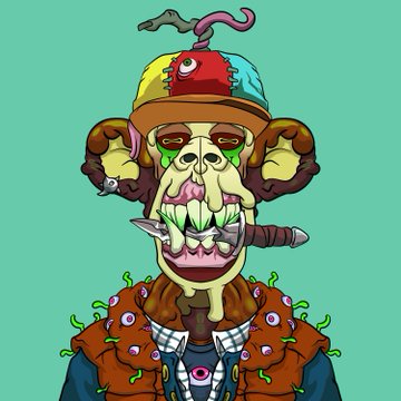 A cartoon illustration of a grotesque monkey character with exposed brains, wearing a colorful hat and a jacket covered in eyeballs against a green background.