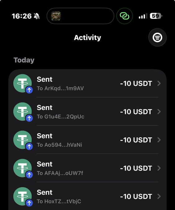 A screenshot of a crypto wallet activity feed on mobile showing five "Sent" transactions, each for -10 USDT, sent to different recipients (ArKqd..., G1u4E..., Ao594..., AFAAj..., and HoxTZ...), which visually confirms the post's claim of sending $10 USDT to 5 winners.
