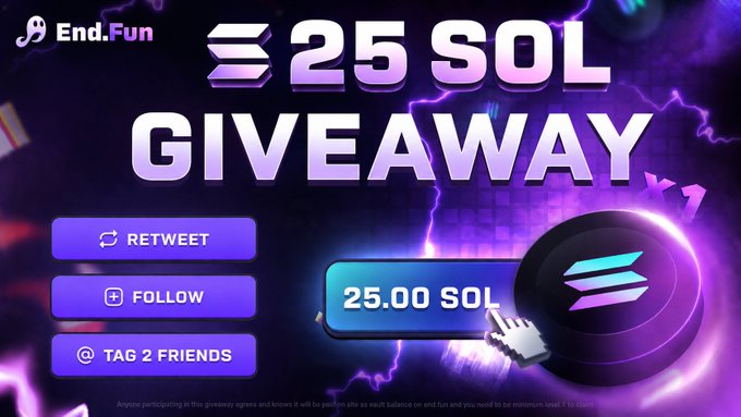 The image features a poster for an end-fut coin giveaway event, featuring purple and black colors with blue text advertising the 25 Sol Coin Giveaway. The poster includes social media buttons like "RefTweet", "Follow", "Tag 2 Friends" and "Follower Follows". It also has a picture of a silver hash ring on it. The main post emphasizes that participants must share their solution to win the giveaway, which could be anything related to end-fut coin.