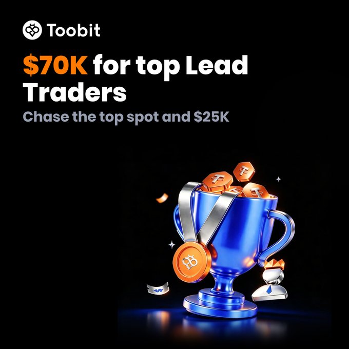 A promotional banner for Toobit's Lead Trader competition features a blue trophy overflowing with Toobit-branded tokens and a USDT medal, alongside bold text reading "$70K for top Lead Traders — Chase the top spot and $25K." The imagery of the champion's cup directly ties to the post's message about competing on the leaderboard for a share of 70,000 USDT in rewards.