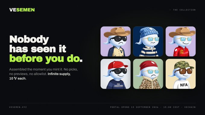 A promotional graphic for 'VESEMEN - THE COLLECTION' features six cartoonish axolotl-like characters in various outfits (cowboy, beanie, cap) with text reading 'Nobody has seen it before you do.' and 'PORTAL OPENS 13 SEPTEMBER 2026.'