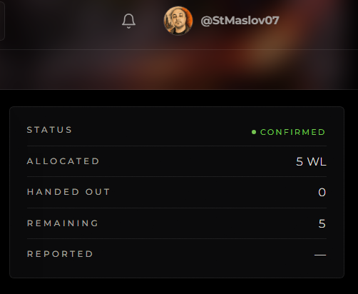 A screenshot from user @StMaslov07 shows a confirmed status with 5 WL allocated and 0 handed out.