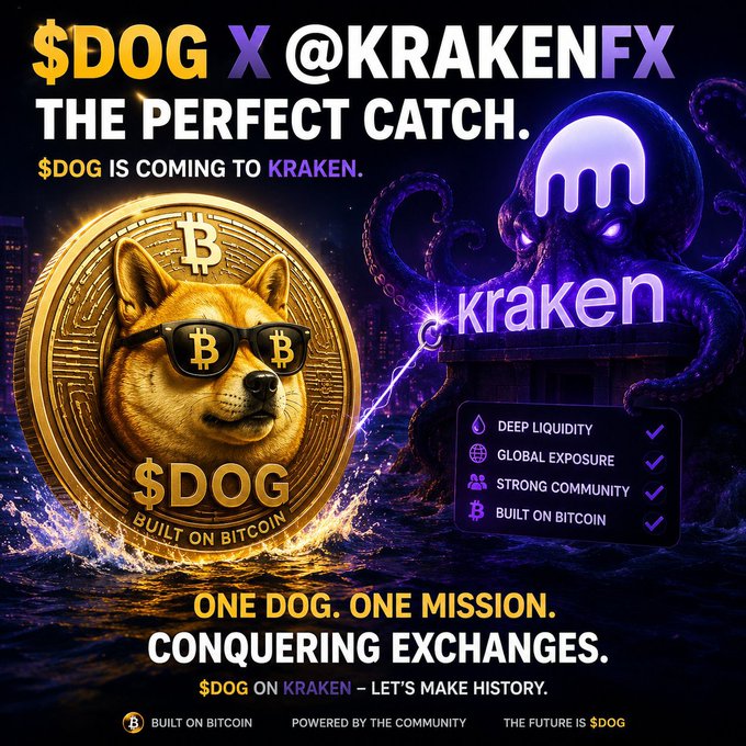 A promotional graphic for $DOG coin announcing its listing on Kraken exchange, featuring a Shiba Inu wearing Bitcoin sunglasses on a gold coin, with the tagline 'THE PERFECT CATCH' and 'ONE DOG. ONE MISSION. CONQUERING EXCHANGES.' alongside features like deep liquidity and global exposure.