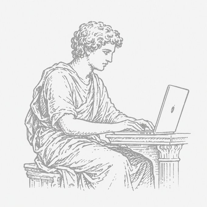 A classical statue-style drawing of a figure in a toga sits working on a modern laptop. The juxtaposition creates a humorous visual pun on the post's prompt, "what will you build?"—suggesting that even a timeless marble scholar is part of the builder mindset, ready to code or create despite the ancient aesthetic.