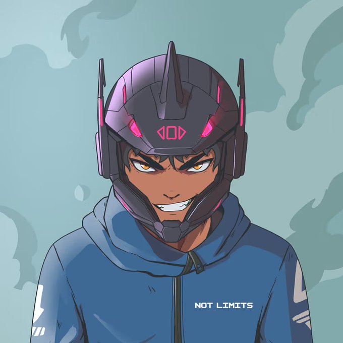The image shows a stylized anime-style illustration of a confident, smiling young man wearing a sleek dark futuristic helmet with glowing pink accents and antennas, paired with a blue hoodie. The text "NOT LIMITS" appears on the hoodie, and the caption "Let's go" complements the character's bold, determined expression, suggesting a theme of pushing beyond boundaries.