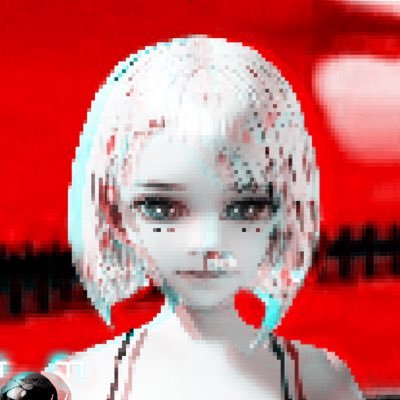 A stylized, cyberpunk-inspired digital portrait of a pale figure with short white hair against a vivid red background, with audio waveform elements visible.
