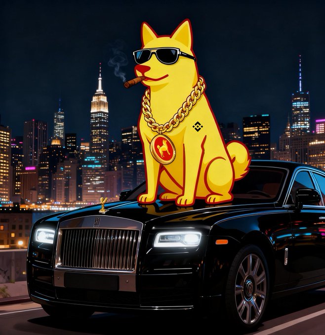 ikura car with gold chain and yellow dog statue on top, driving through a city at night.