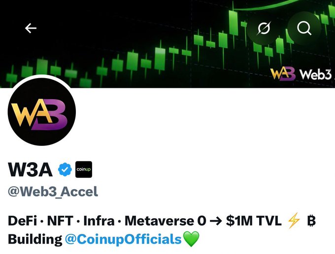 A Twitter/X profile for W3A (@Web3_Accel) with a verified checkmark and coinup tag, describing 'DeFi · NFT · Infra · Metaverse 0 ➔ $1M TVL' and 'Building @CoinupOfficials', with a green candlestick chart in the header.