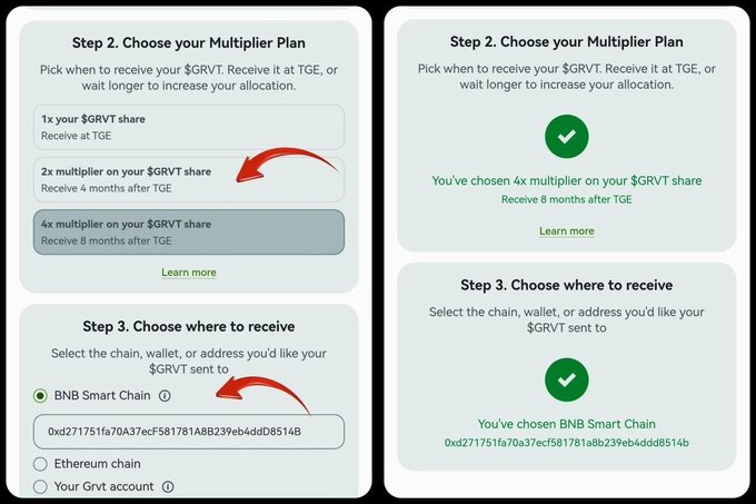 A two-panel screenshot showing the GRVT whitelist registration interface, where users select their $GRVT multiplier plan (1x at TGE, 2x at 4 months, or 4x at 8 months) and their receiving chain (BNB Smart Chain selected with address 0xd271751fa70a37ecf581781a88239eb4dd8514b), illustrating the "Choose Multiplier & Submit Bsc Address" step from the airdrop instructions.